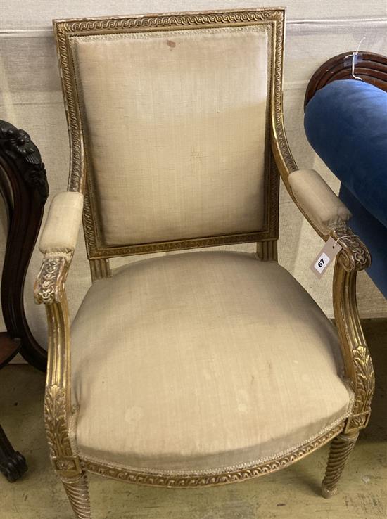 A late 19th century French giltwood fauteuil, width 53cm